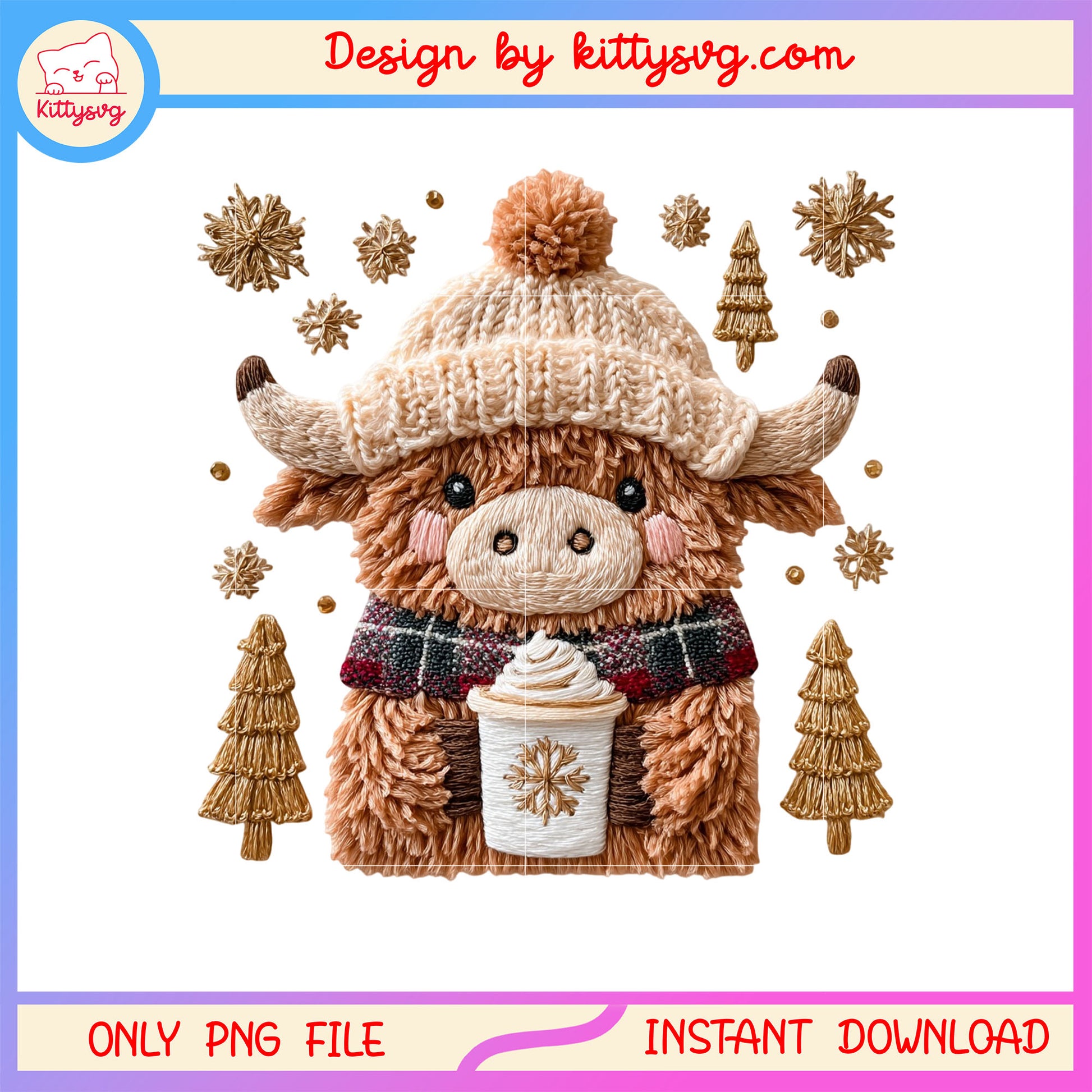 Baby highland cow face christmas patchwork png, mini highland cow png