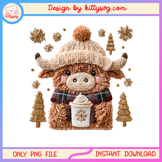 Baby highland cow face christmas patchwork png, mini highland cow png