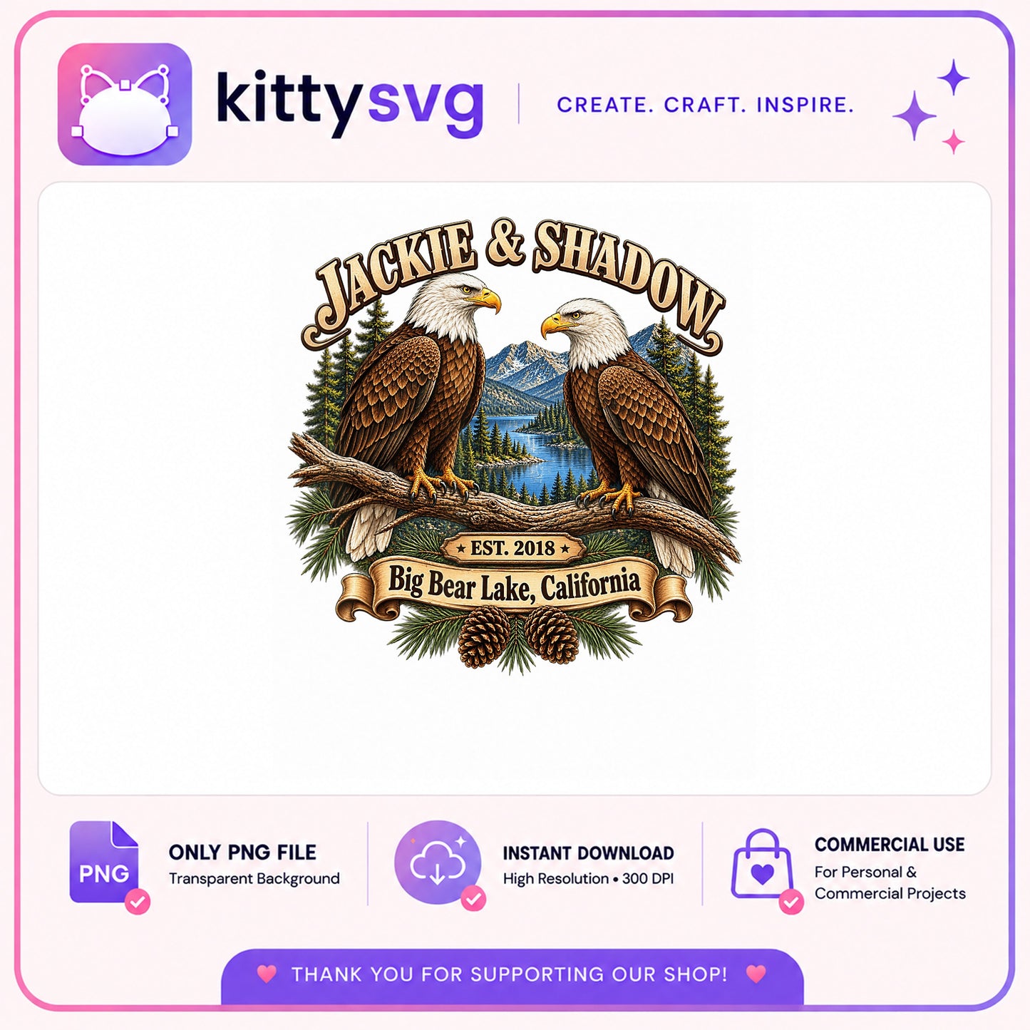 Bald Eagle Couple PNG, Mountain Lake Nature Sublimation PNG, Wildlife PNG