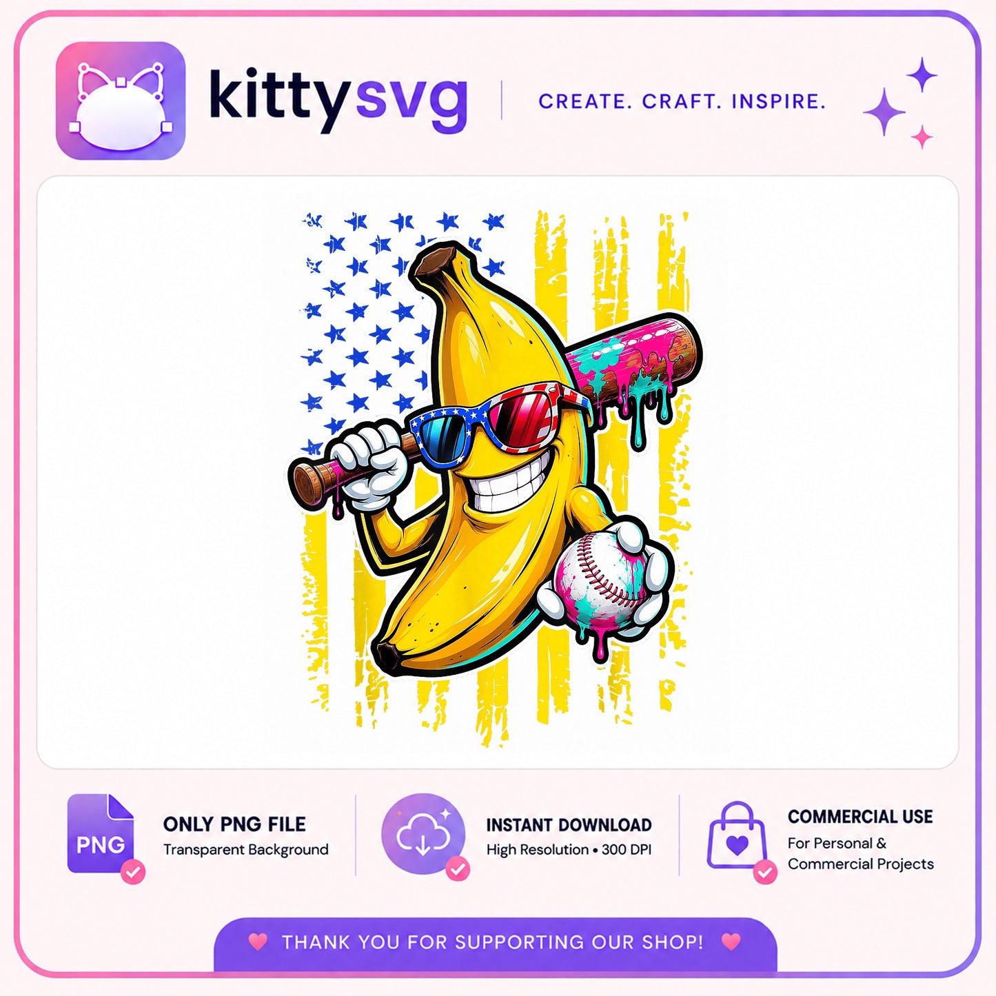 Banana Baseball PNG, 4th Of July PNG, American Flag Baseball PNG