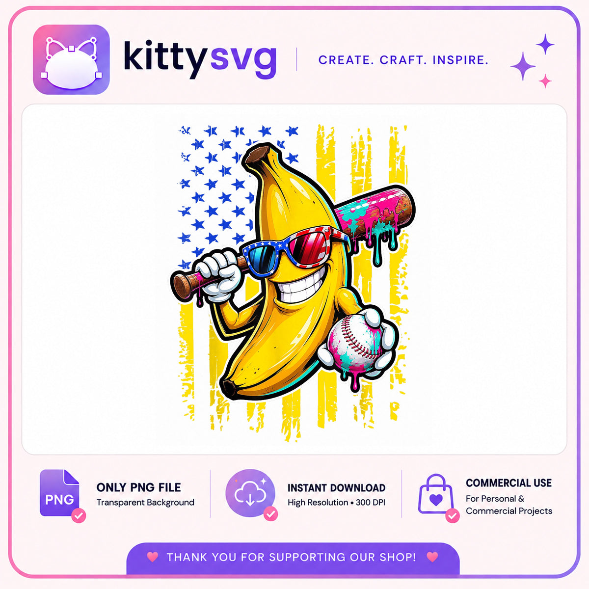 Banana Baseball PNG, 4th Of July PNG, American Flag Baseball PNG