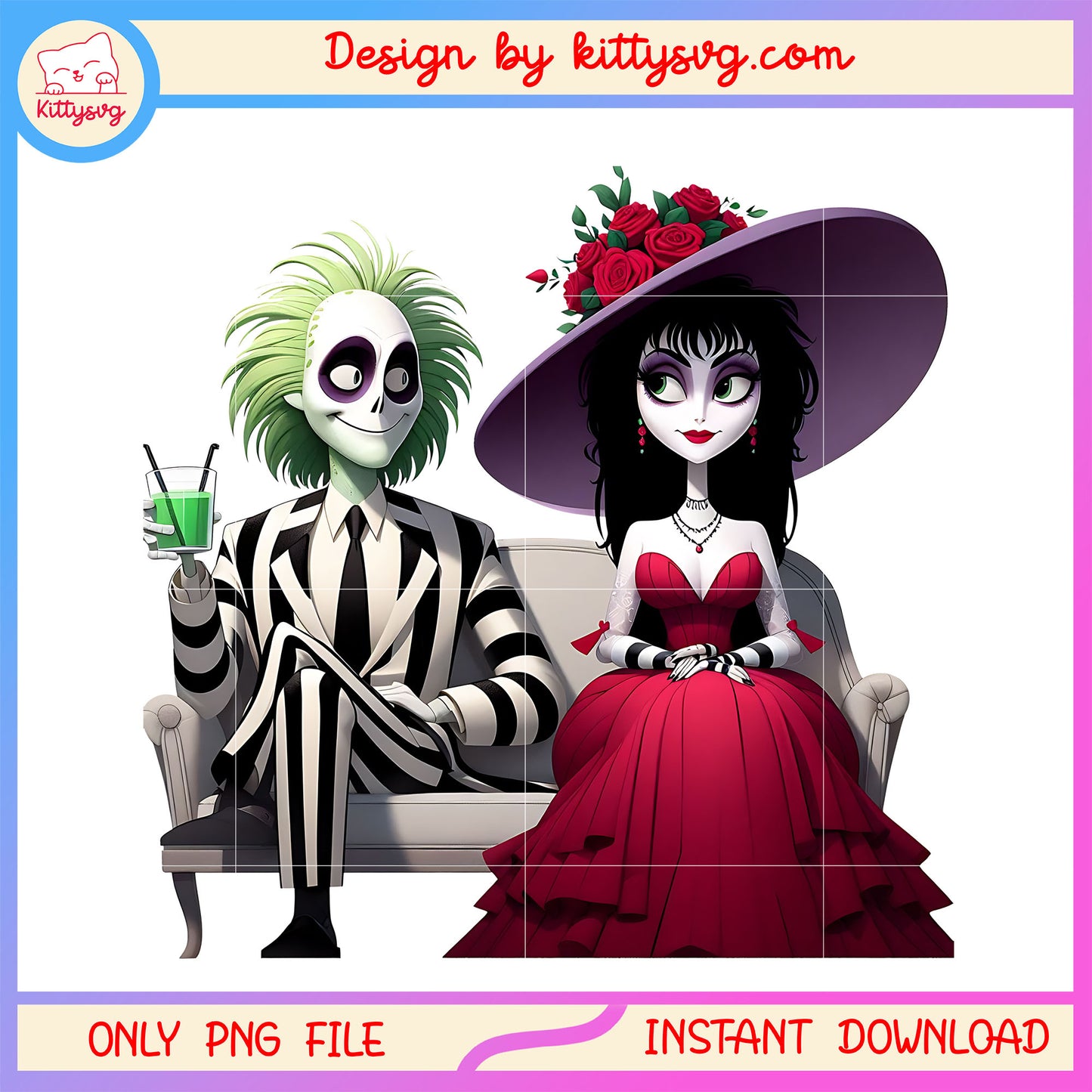 Beetlejuice lydia cute couple png, halloween couple png, horror couple png