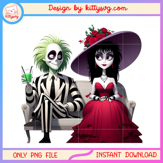 Beetlejuice lydia cute couple png, halloween couple png, horror couple png