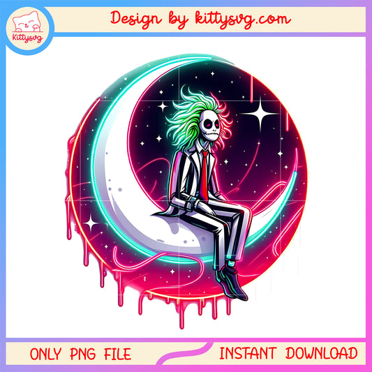 Beetlejuice moon neon halloween design png, happy halloween day png