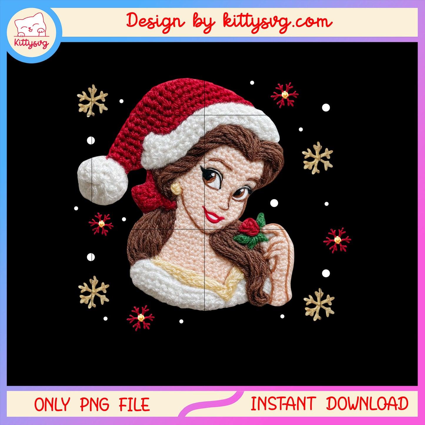 Belle face christmas patchwork png, disney belle princess png
