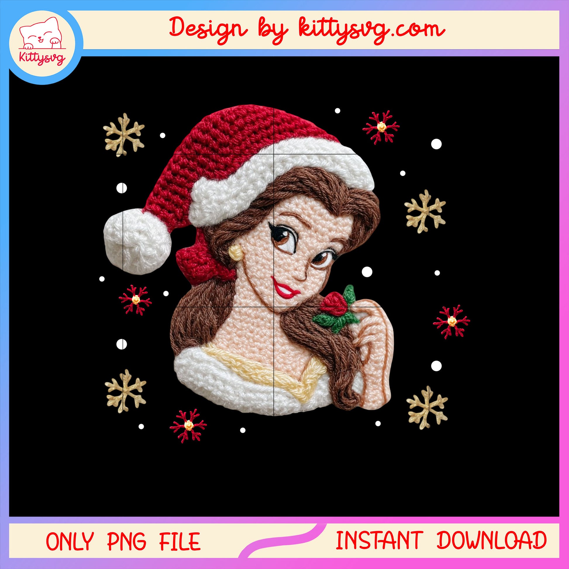 Belle face christmas patchwork png, disney belle princess png