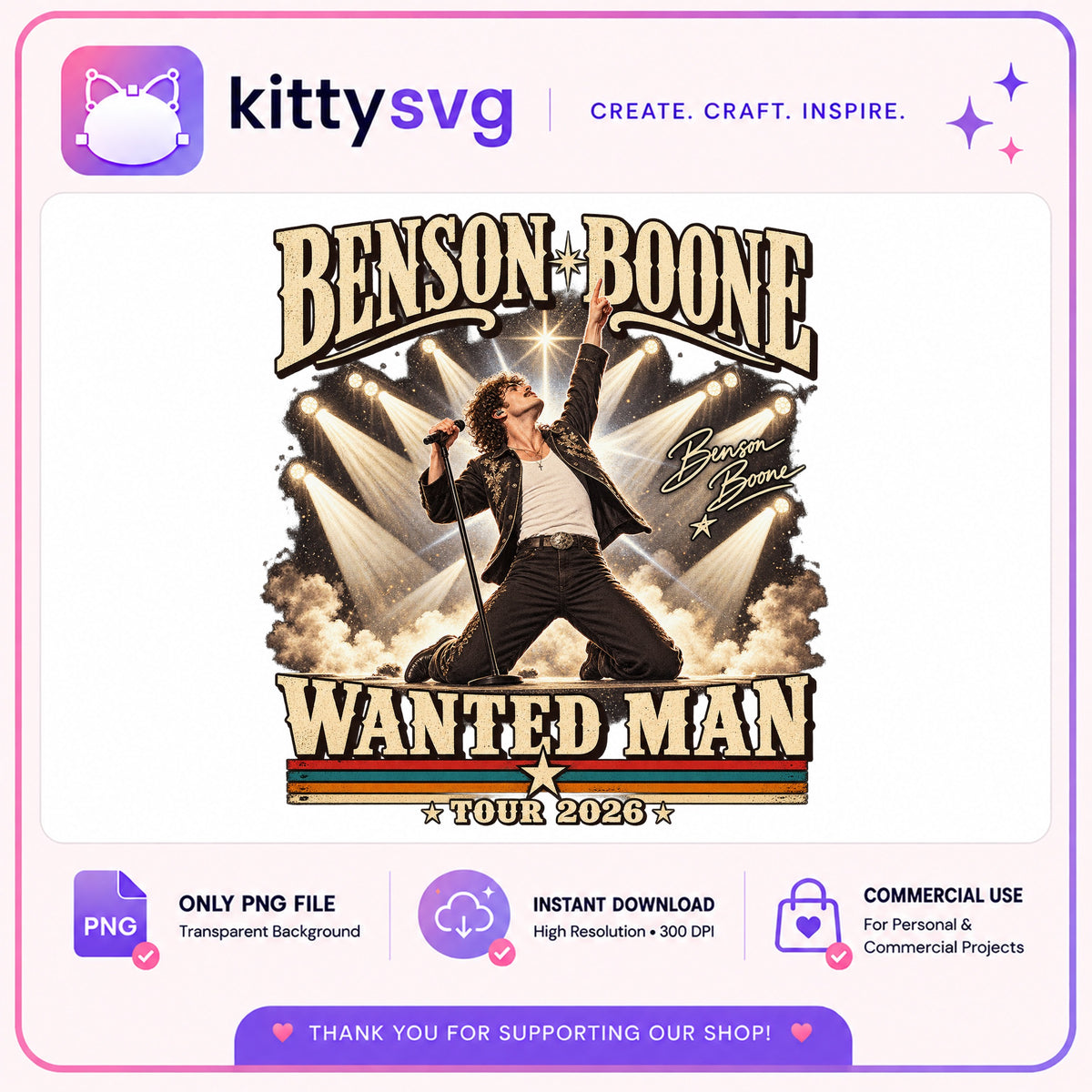 Benson Boone Wanted Man Tour 2026 PNG, Concert PNG, Music Fan PNG
