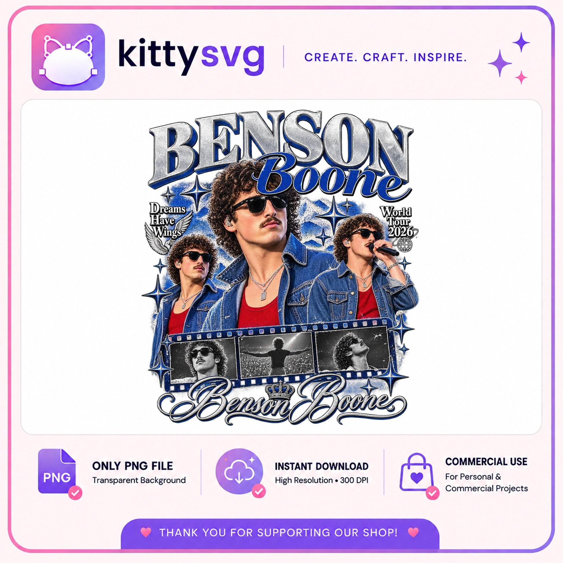 Benson Boone World Tour 2026 PNG, Vintage Bootleg PNG, Music Fan PNG