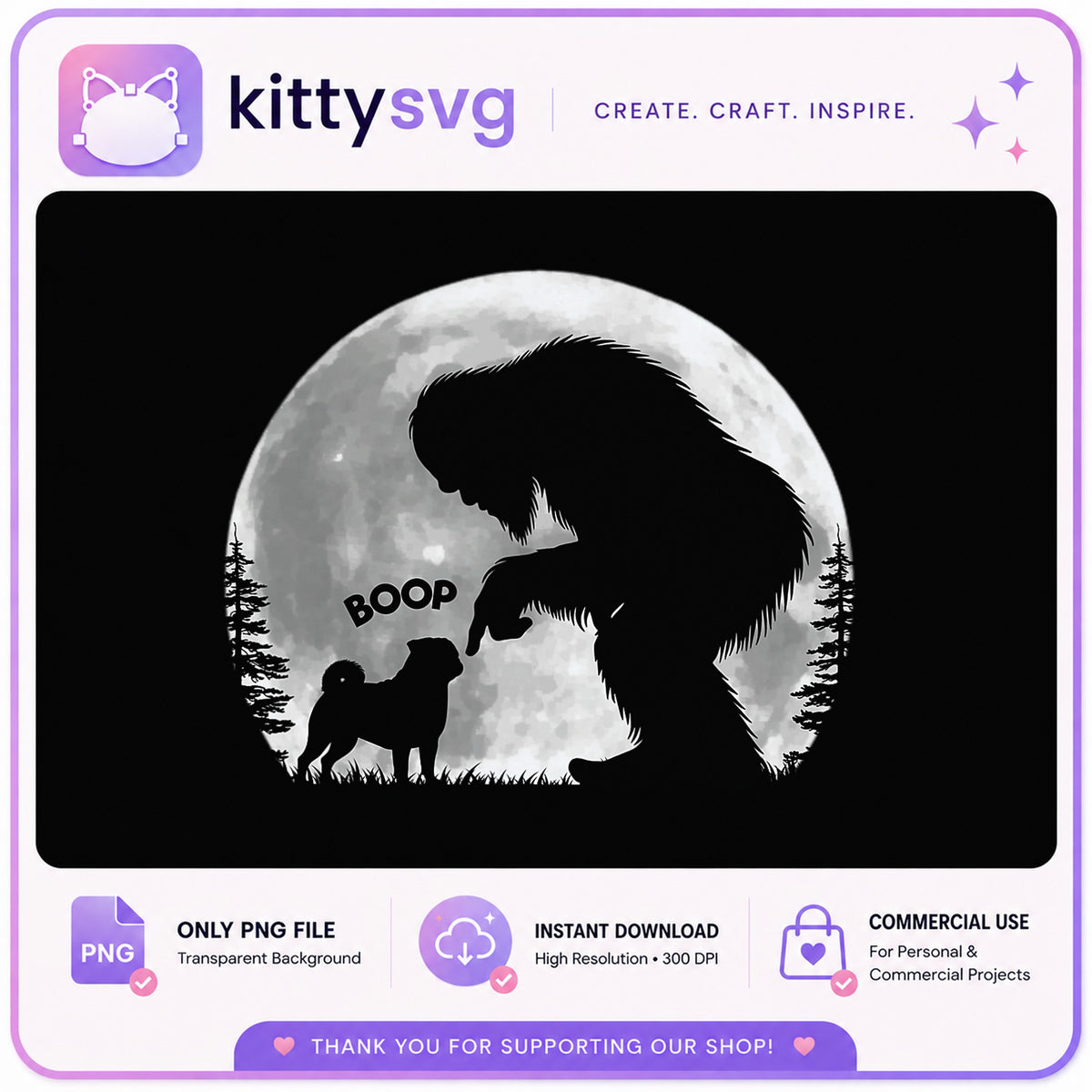 Bigfoot Boop Dog Silhouette PNG, Sasquatch Moon PNG, Funny Dog PNG