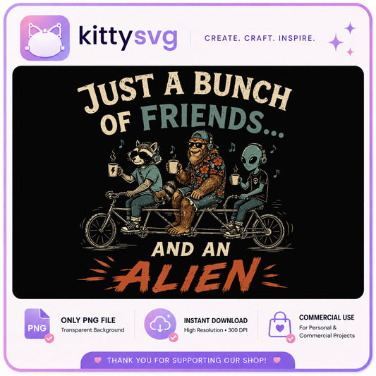 Bigfoot Raccoon Alien Friends PNG, Funny Sasquatch, Retro PNG