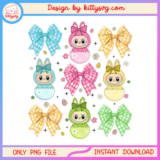 Big into energy labubu eggs coquette ribbon costumes design png, labubu clothing png