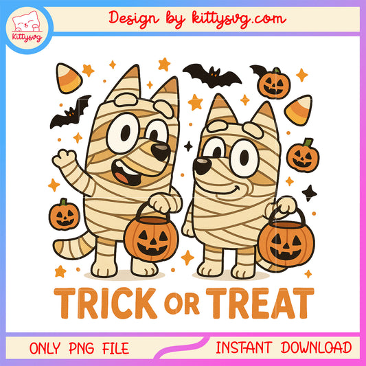 Bingo and Bluey trick or treat png, spirit halloween png, cartoon png