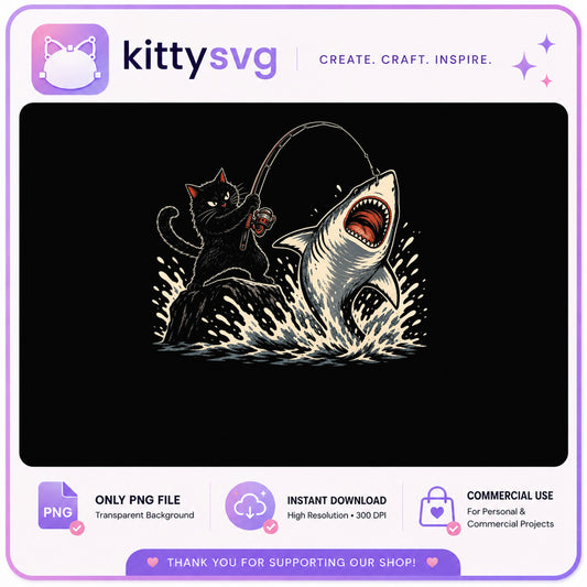 Black Cat Fishing Shark PNG, Funny Cat Shirt Design, Cat PNG