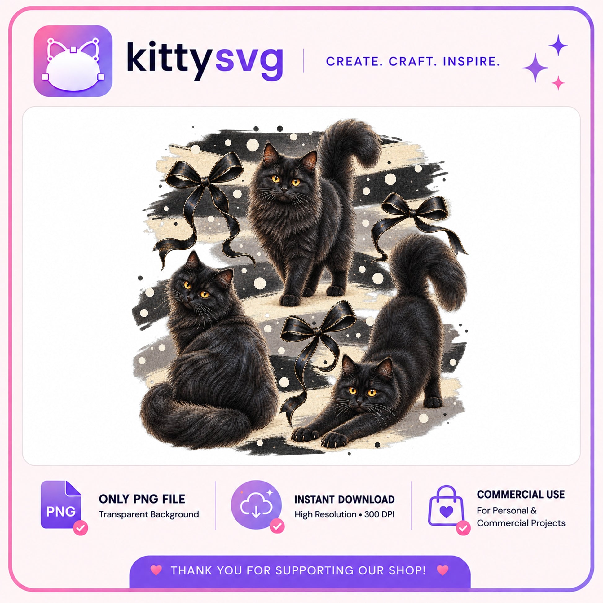 Black Cat With Bow PNG, Coquette Black Cat PNG, Cat Lover PNG