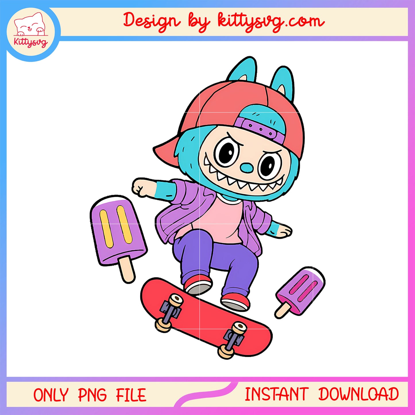 Blue cool skater labubu cute doll design png, labubu character png
