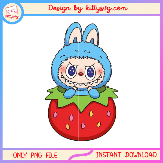 Blue labubu cute strawberry design png, labubu costume png