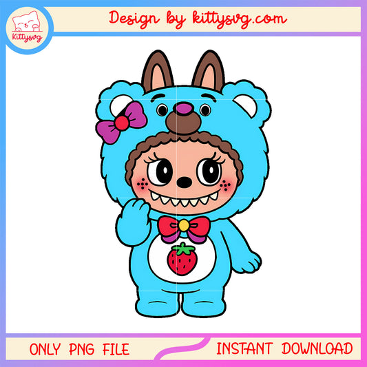 Blue strawberry bear labubu cute doll png, labubu bear png