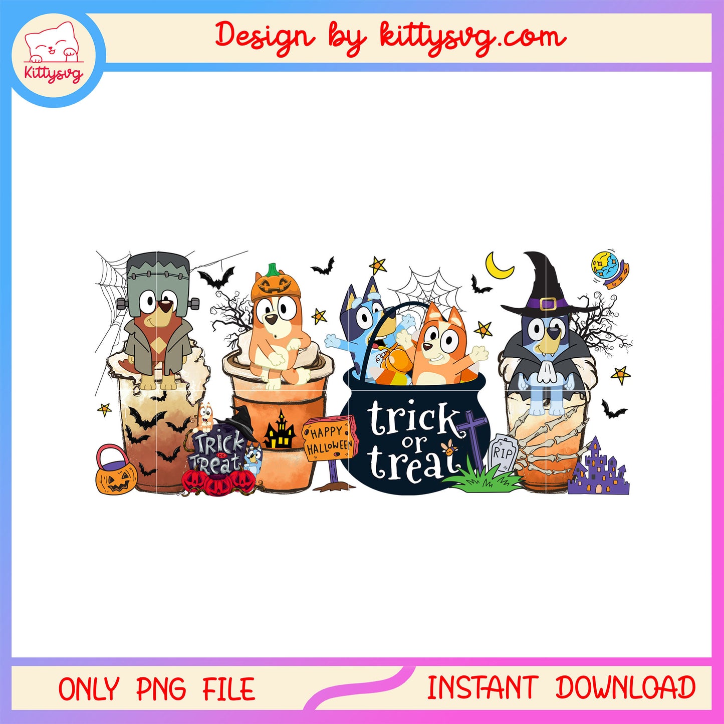 Bluey family halloween latte trick or treat png, bluey and friends png
