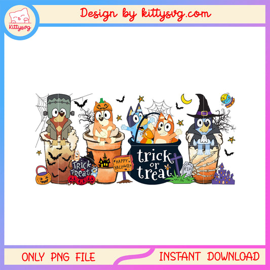 Bluey family halloween latte trick or treat png, bluey and friends png