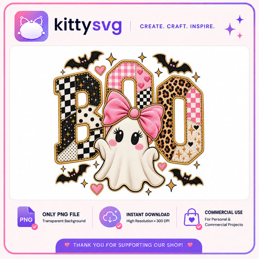 Boo Ghost Halloween PNG, Cute Ghost With Bow PNG, Halloween PNG