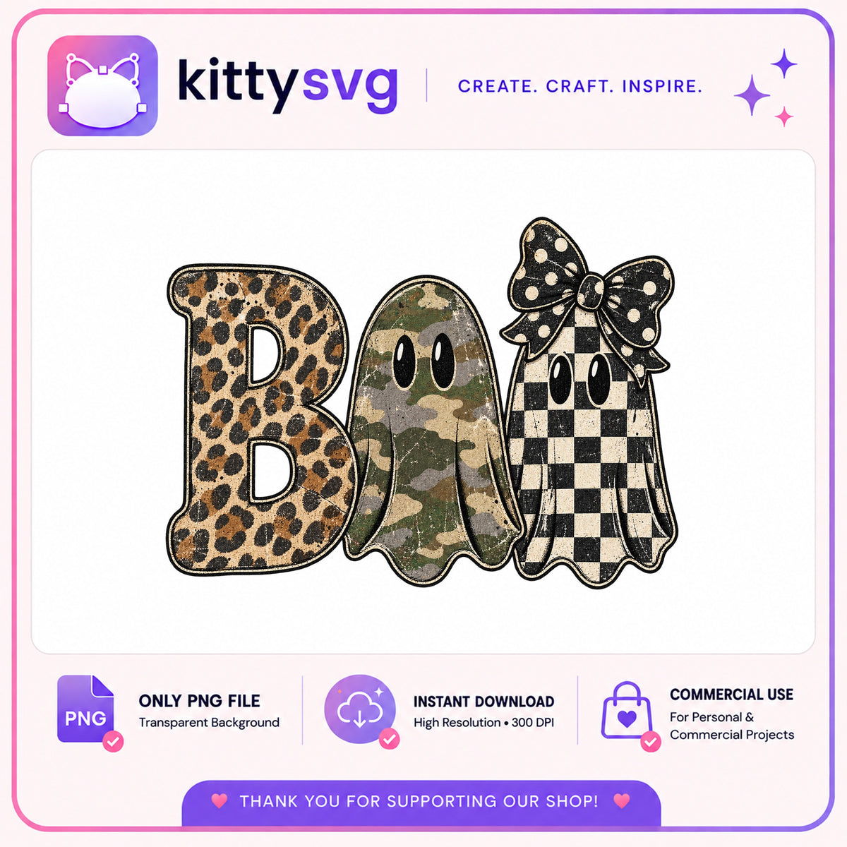 Boo Ghost Halloween PNG, Leopard Camo Checkered Ghost, Halloween PNG