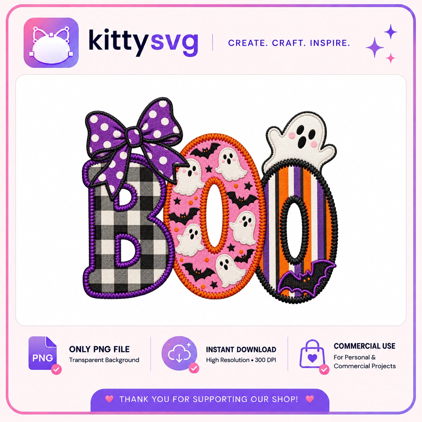 Boo Halloween PNG, Ghost Bat Applique Design, Halloween PNG