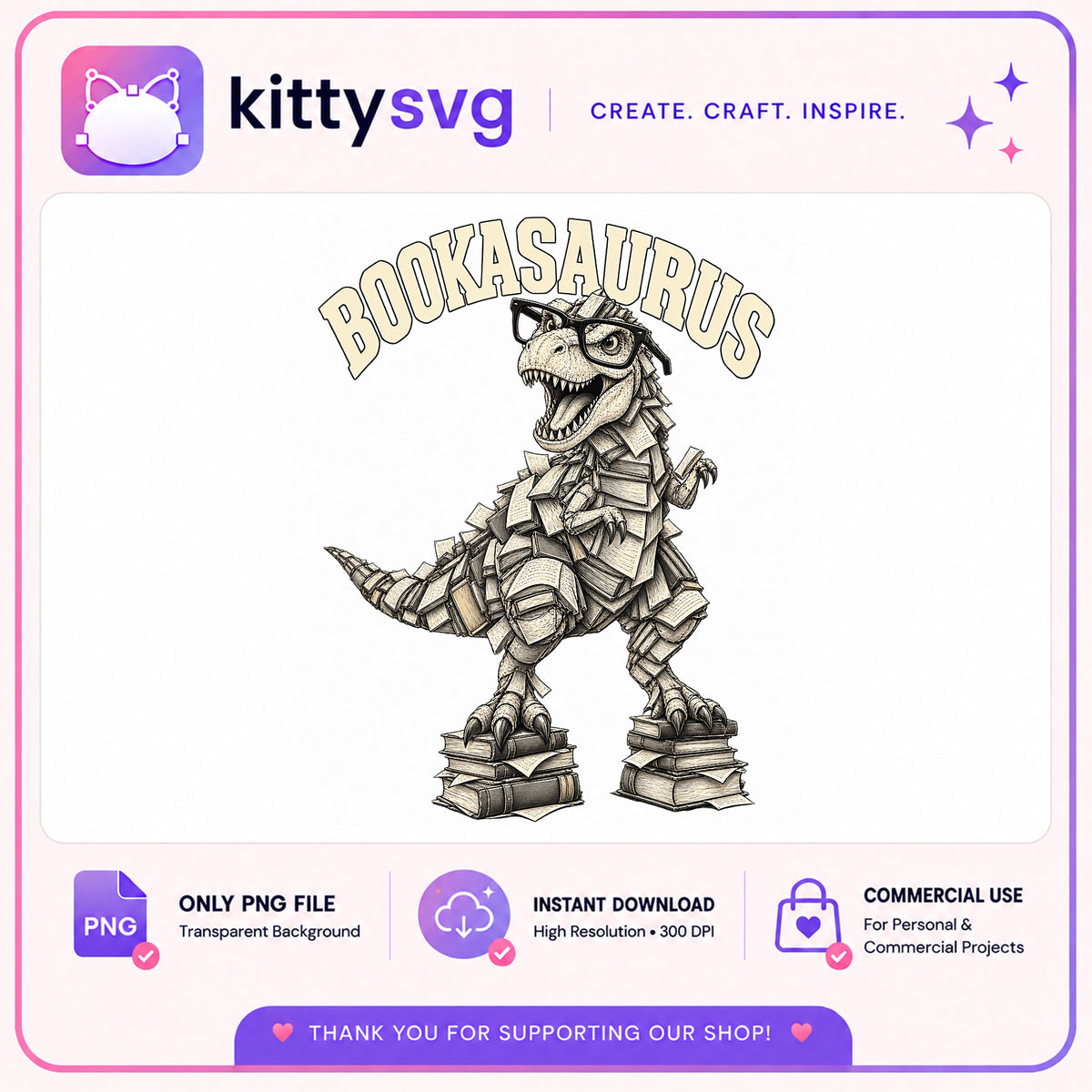 Bookasaurus Dinosaur Reading PNG, Book Lover PNG, Teacher PNG