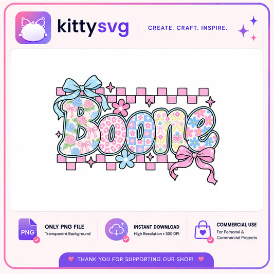 Boone Coquette Floral PNG, Preppy Bow Checker PNG, Last Name PNG