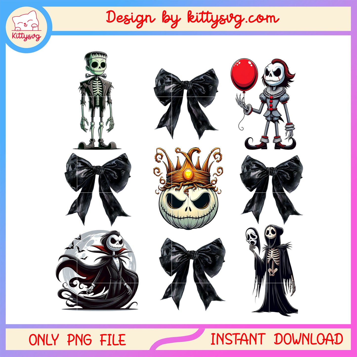 Bow horror characters halloween design png, nightmare before christmas png