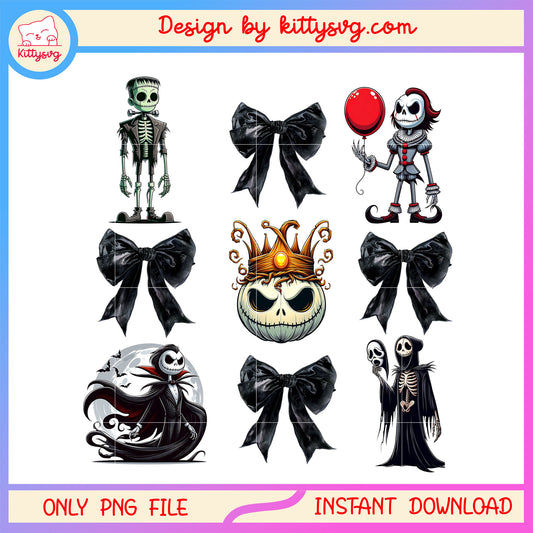 Bow horror characters halloween design png, nightmare before christmas png