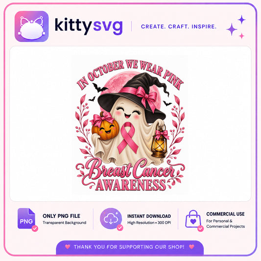 Breast Cancer Awareness Ghost PNG, In October We Wear Pink, Halloween PNG