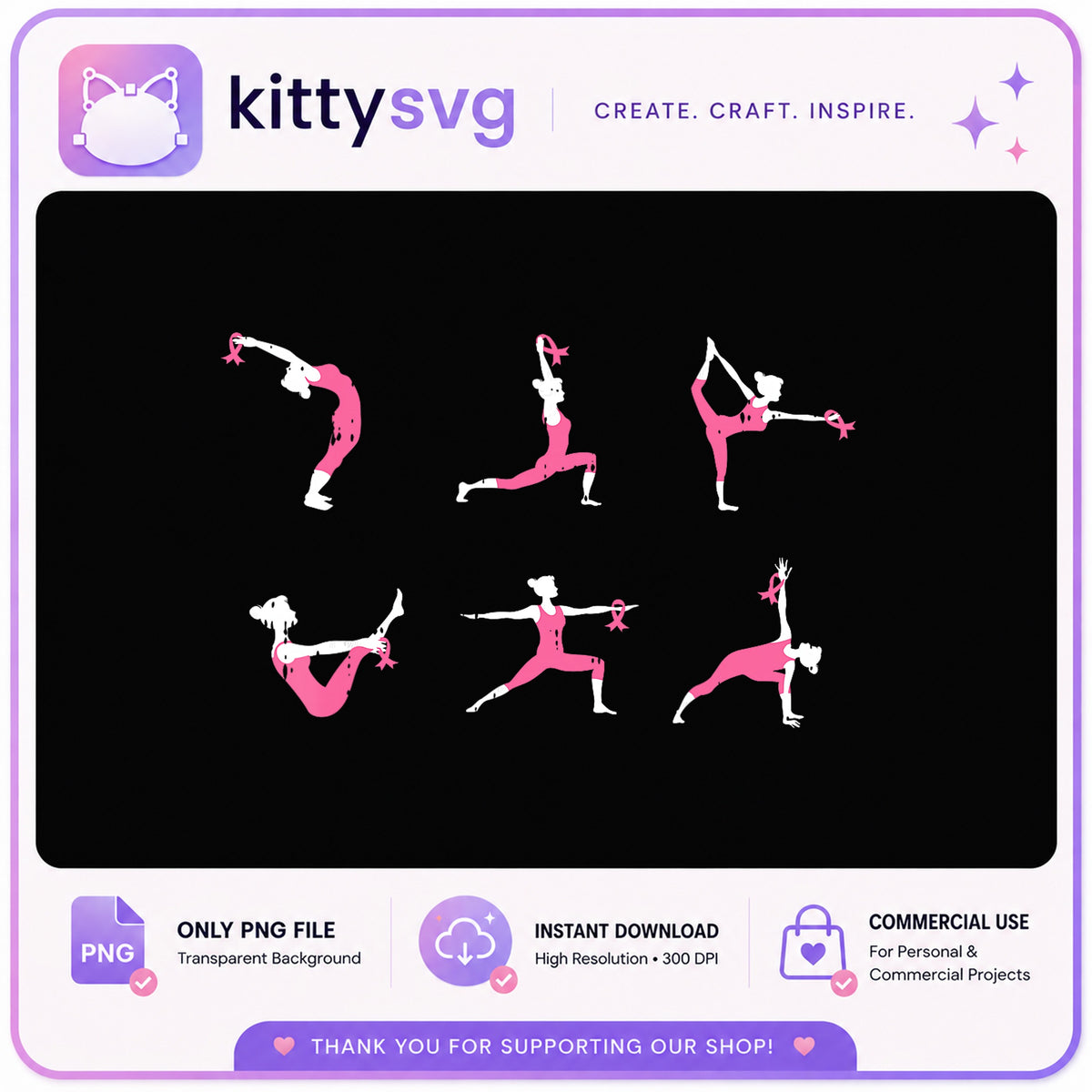 Breast Cancer Awareness Yoga PNG Bundle, Pink Ribbon PNG, Yoga Pose PNG