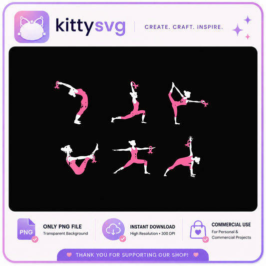 Breast Cancer Awareness Yoga PNG Bundle, Pink Ribbon PNG, Yoga Pose PNG