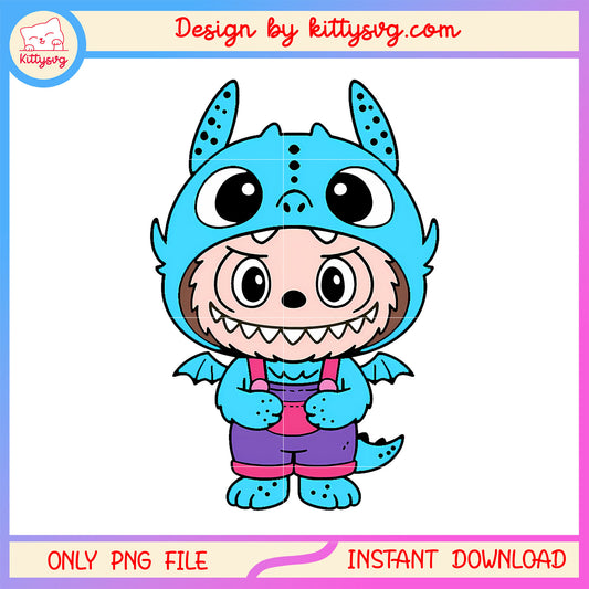 Bright blue baby dragon monster labubu cute doll png, labubu box png