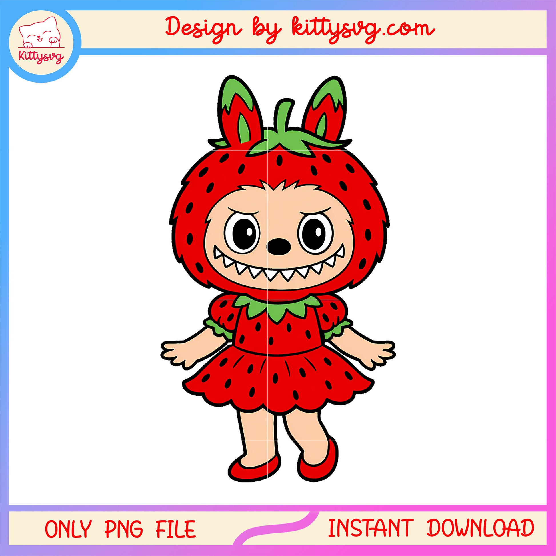 Bright red strawberry dress labubu baby girl png, labubu red png