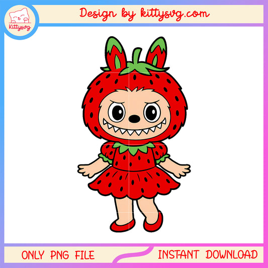 Bright red strawberry dress labubu baby girl png, labubu red png
