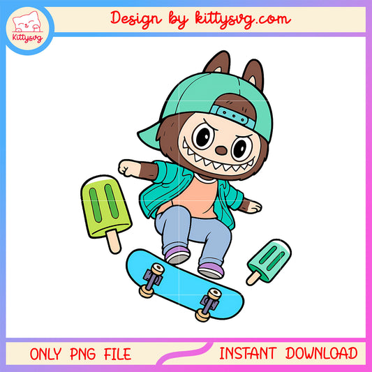 Brown cool skater labubu cute doll design png, skate borading png
