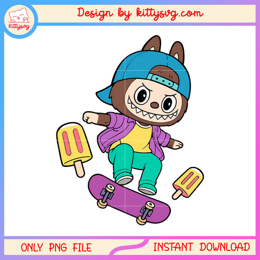 Brown labubu and skate boarding cute doll png, pop mart labubu png