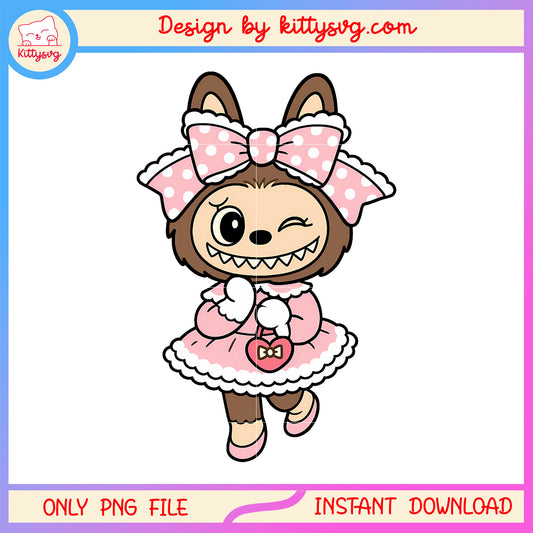 Brown winking bow girl labubu doll design png, labubu arts toy png