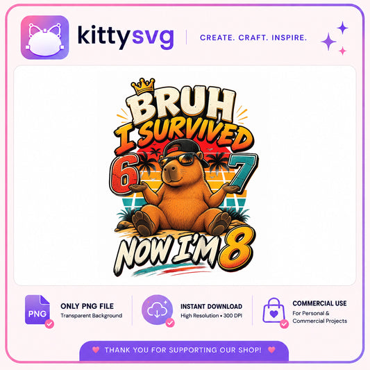 Bruh I Survived Now Im 8 PNG, Capybara Birthday PNG, 8th Birthday PNG