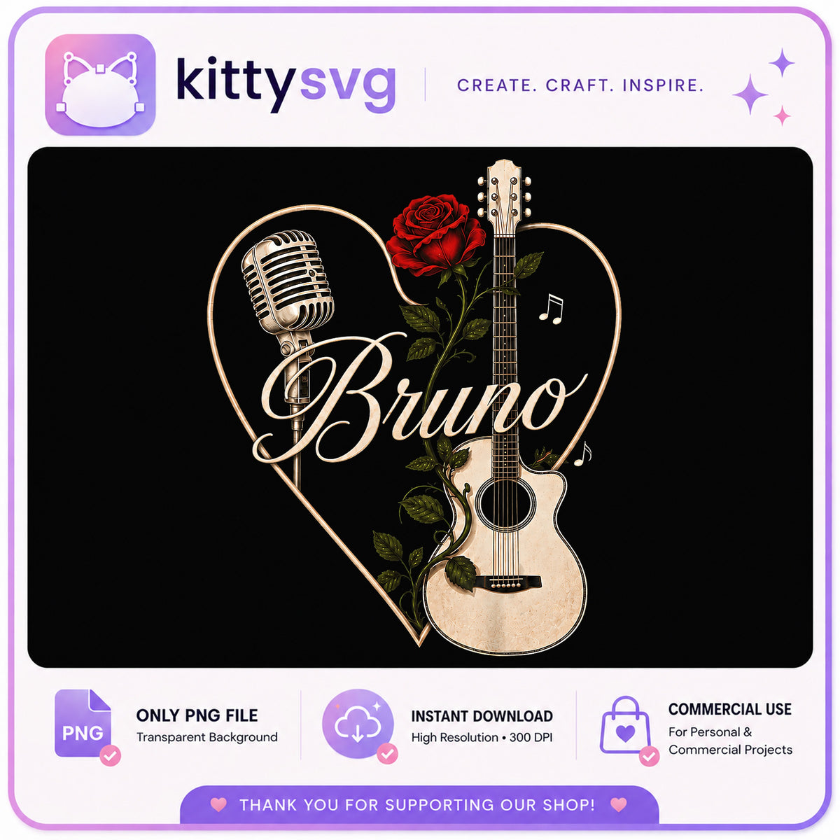 Bruno Mars Fan Art PNG, Music Guitar Rose Heart, Singer PNG