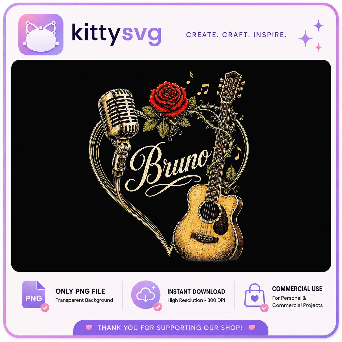Bruno Mars Music PNG, Guitar Microphone Rose PNG, Singer Fan PNG