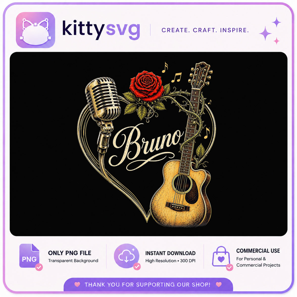 Bruno Mars Music PNG, Guitar Microphone Rose PNG, Singer Fan PNG
