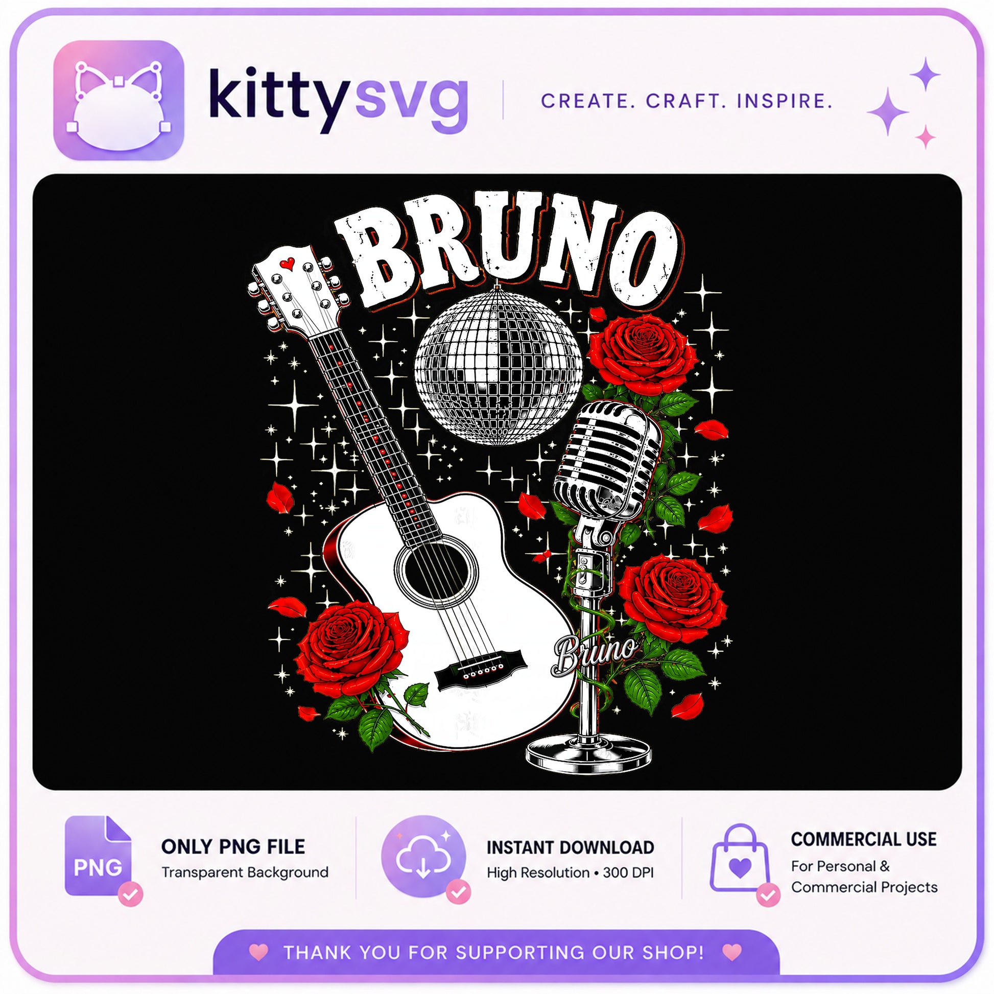 Bruno Mars PNG, Music Guitar Disco Ball Roses Shirt, Concert PNG