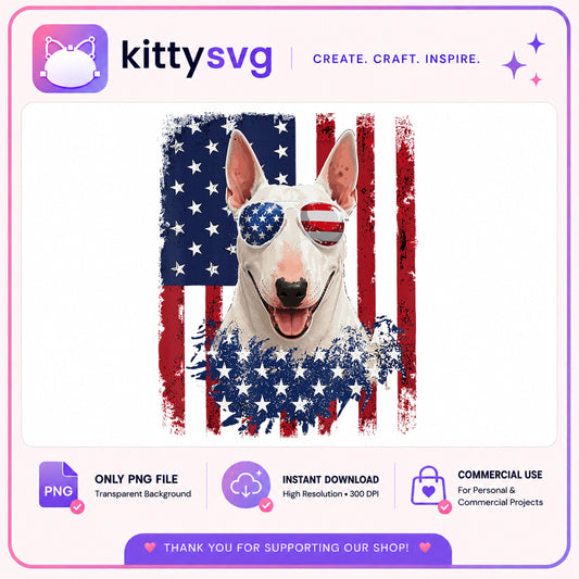 Bull Terrier 4th Of July PNG, American Flag Dog PNG, Patriotic Dog PNG