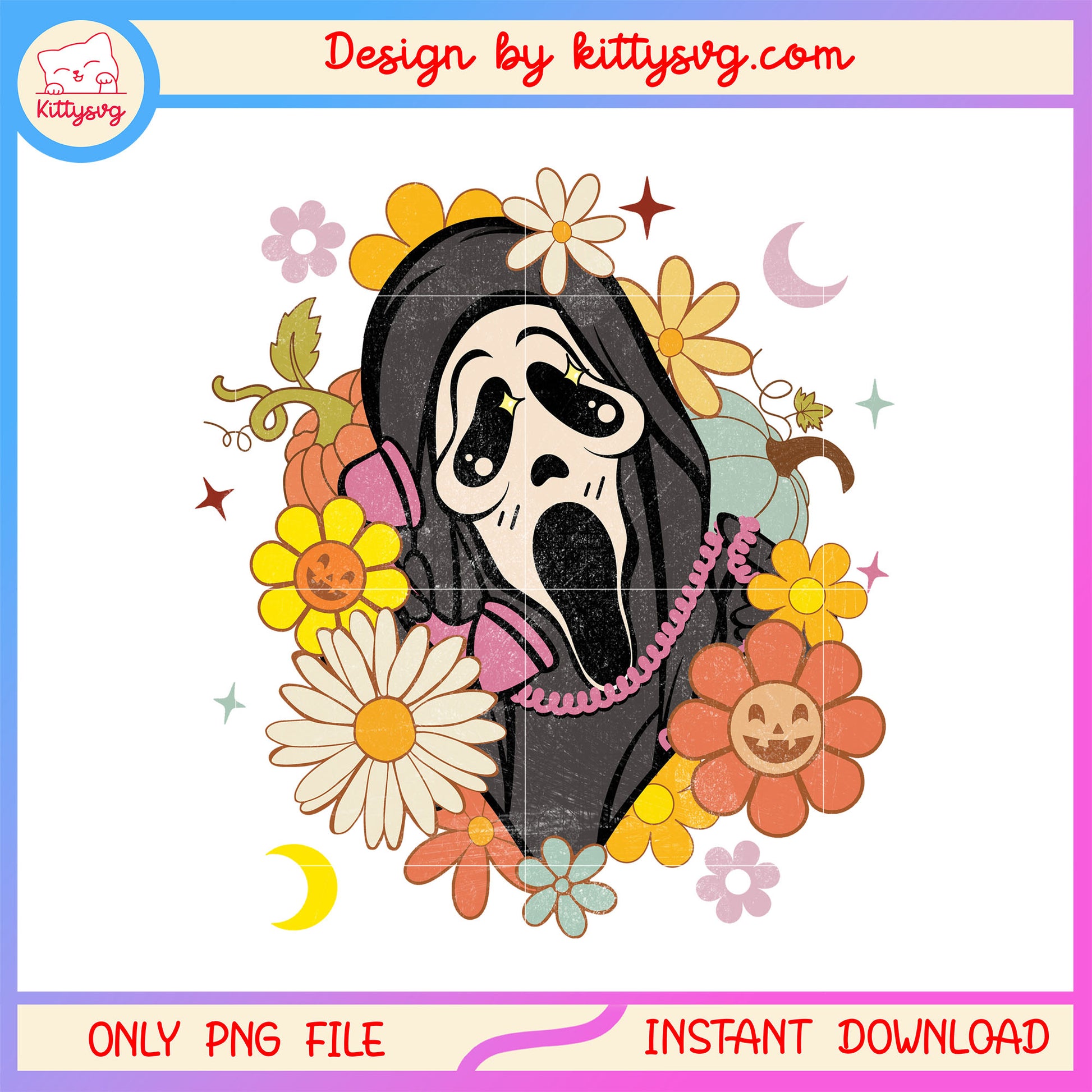 CUte ghostface halloween floral design png, halloween design png