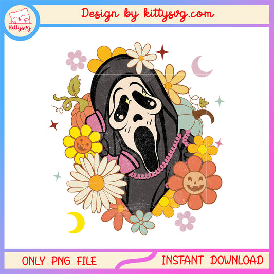 CUte ghostface halloween floral design png, halloween design png
