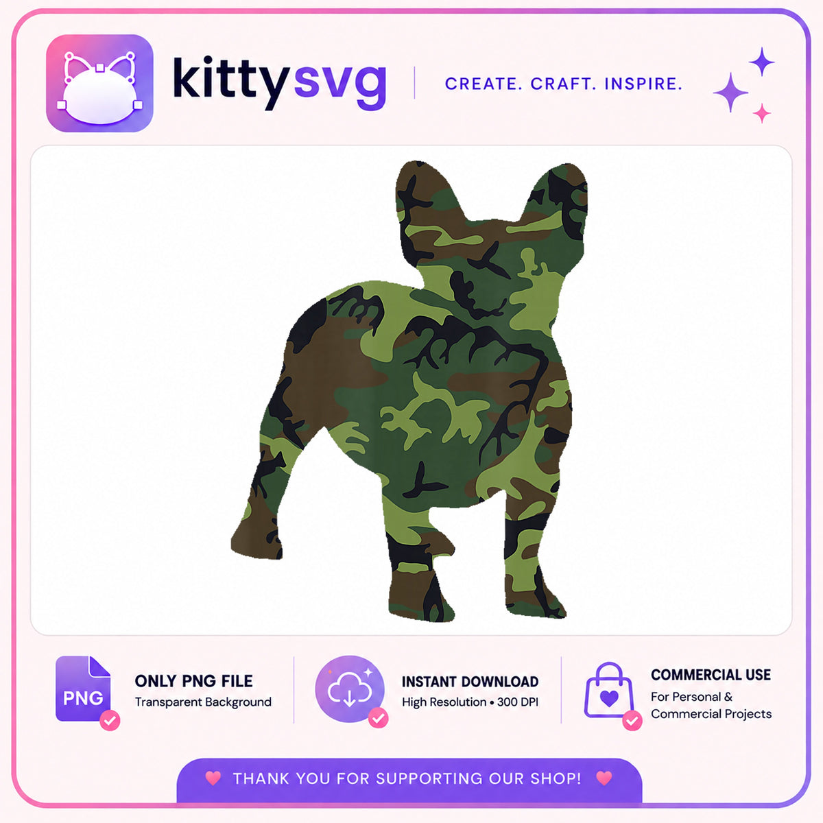 Camo French Bulldog PNG, Frenchie Silhouette PNG, Dog PNG