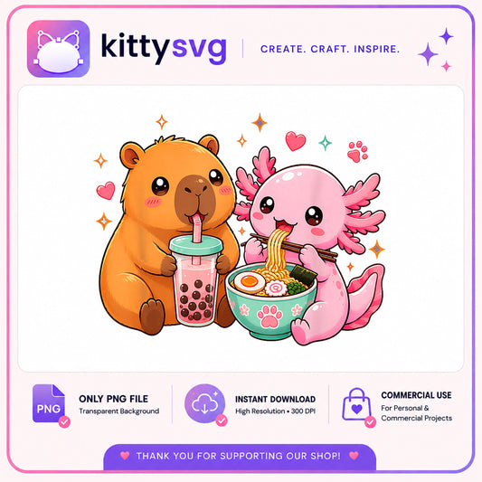 Capybara Axolotl Boba Tea Ramen PNG, Kawaii Animal PNG, Cute PNG