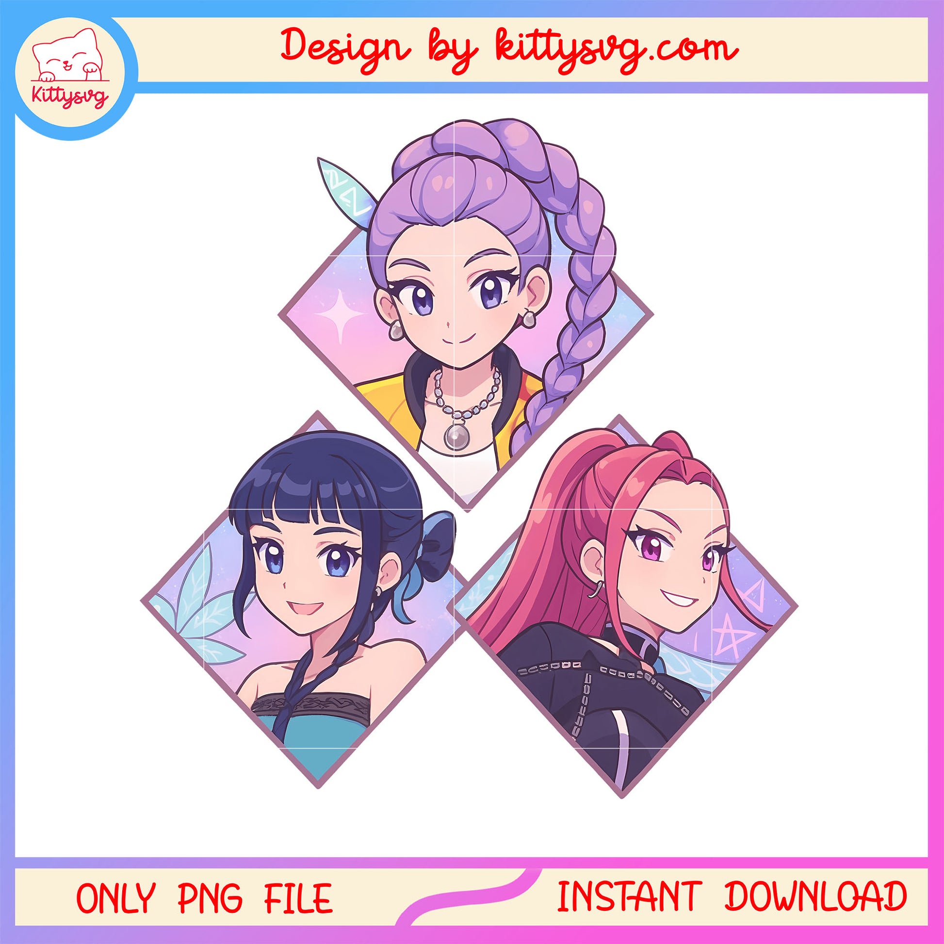 Cartoon kpop hunters huntrix design png, huntrix girl band png